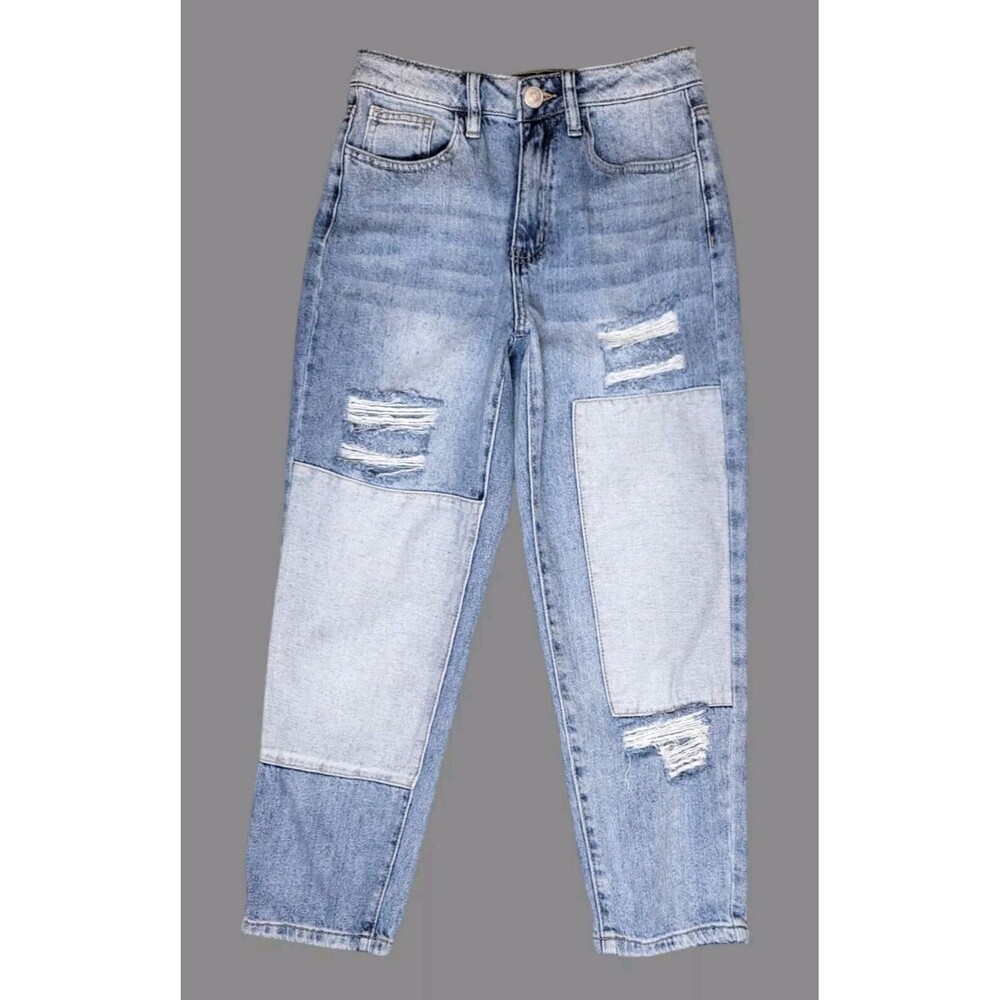 Rue 21 Distressed Patch Jeans Women 6 Relaxed Fit Hight Rise Tapered Leg Street